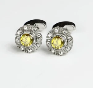 Real 935 Argentium Silver Yellow Cubic Zirconia Men's Fabulous Fine Cufflink Set - Picture 1 of 3