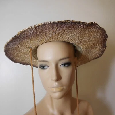 Vintage Yellow Brown Straw Hat 60 Cm For Women And Men China N8419 - Image 1 of 4