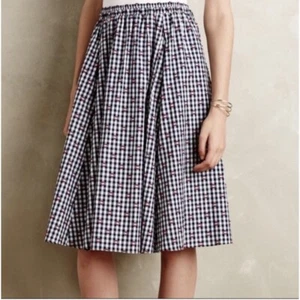 RARE Anthropologie Cotton Gingham Navy Market Knee Length Skirt Small Petite - Bild 1 von 4