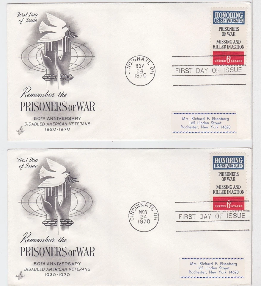 TurtlesTradingPost- Remember Prisoners of War FDC- 1970 #1422 2 Artcraft Cachets - Image 1 of 1
