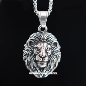 MENDEL Cool Mens Stainless Steel Lion King Head Pendant Necklace Silver For Men