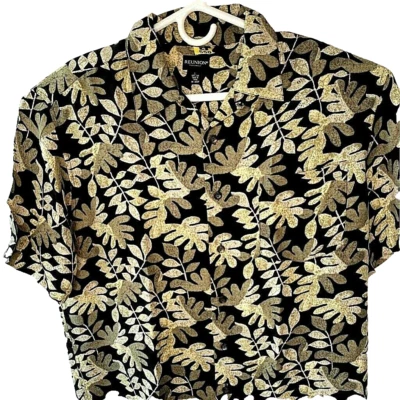 Reunion Hawaiian Silk Shirt Black Beige Floral Mens L Short Sleeve Pocket Aloha - Image 1 of 4