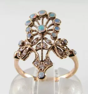 9K 9CT ROSE GOLD OPAL DIAMOND CLUSTER ART DECO INS PEACOCK RING FREE RESIZE - Picture 1 of 7