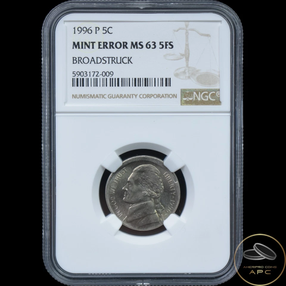 1996 P Jefferson Nickel Mint Error MS63 5FS Five Full Steps Broadstruck - Image 1 of 2