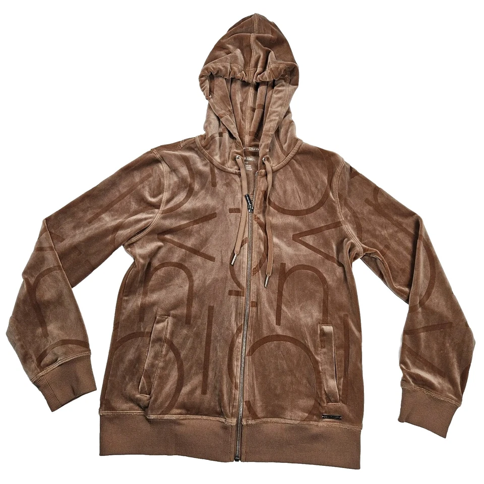 Calvin Klein Hoodie Women's Small Brown Full Zip Spellout Velvet Velour Soft - Image 1 of 4