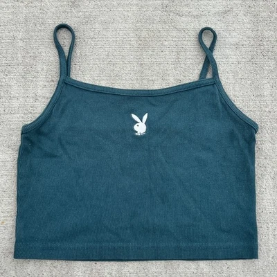 Camiseta sin mangas recortada acanalada Playboy verde azulado correas de espagueti talla M Foto 1 de 4