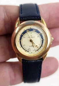 Vintage Peugeot Moon Phase Watch Womens Gold Tone Date Black Leather - Picture 1 of 16