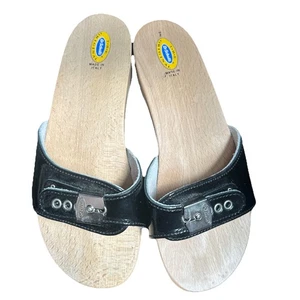 Vintage Womens 7 Dr Scholls Original Wooden Sandals Black Patent Leather - Picture 1 of 3