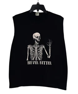 NWOT Large Sleeveless Black Cotton Blend Skeleton Humor Shirt  - Picture 1 of 4