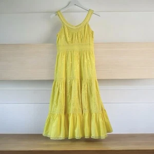 Sue Wong Yellow Embroidered Midi Dress Wmn’s Sz 4 Bright Spring Summer Cotton - Picture 1 of 12