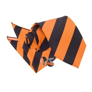 Orange And Black Striped Classic Slim Tie Pocket Square Cufflinks Set by DQT - Picture 1 of 9