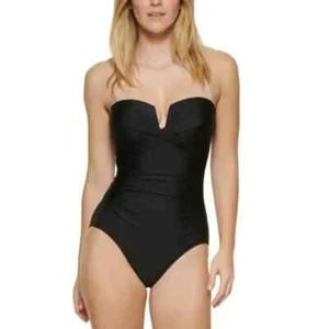 Calvin Klein Shirred Tummy-Control Bandeau One Piece Swimsuit Black Size 12 NWT - Picture 1 of 5