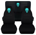 Front+Rear Car Seat Covers Blk W/Turquoise Punisher  Fits Wrangler Yj /Tj /Lj