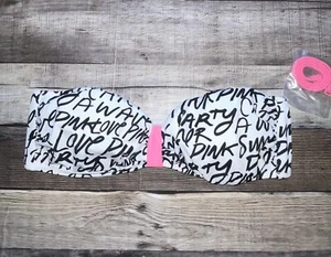 NEU OHNE ETIKETT VICTORIA'S SECRET PINK GERAFFTES BANDEAU-TOP MEDIUM WEISSE WORTE SCHWIMMEN BADEANZUG - Bild 1 von 2