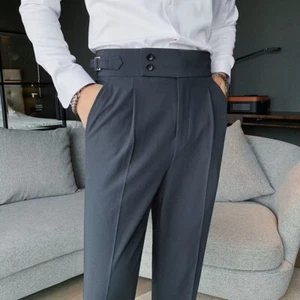 Men High Waist Trousers Straight Pants Buckle Pants Bussiness Pants Suit Pants - Picture 1 of 18