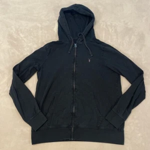 AllSaints Hoodie Mens Medium Black Full Zip Embroidered Pockets Drawstring Light - Picture 1 of 11