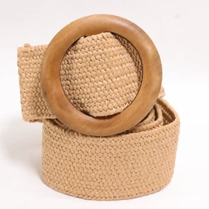 Jute Summer Waist Belt Women XL Stretch Tan Weave Wood Circle Slide Buckle Wide - Picture 1 of 10