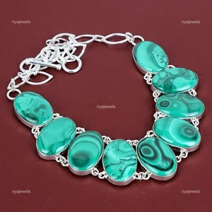 Christmas Sale 925 Silver Oval Malachite Stone Chain Daughter Necklace Jewelry - Picture 1 of 7
