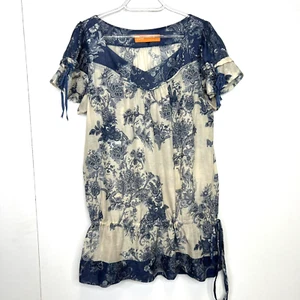 Cynthia Steffe Blue Toille Print Blouse Short Sleeve Cotton Silk Tie Waist Large - Picture 1 of 4