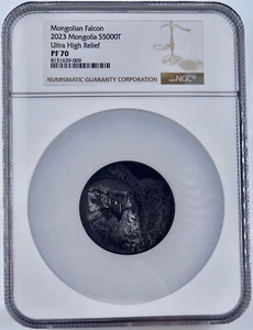 Mongolian Falcon 2023 S5000T Mongolia 5 Oz Silver Black Proof NGC PF 70 UHR 999 - Picture 1 of 2