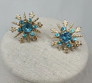 Orecchini Coro Vintage Fiocchi di Neve Tono Oro Strass Blu Dorso Vite Firmati - Foto 1 di 9