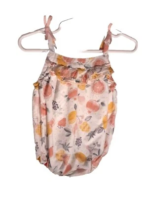 Savannah 1pc baby Romper Baby Sz 6-9M Pink White Lined Fruits Bows Ruffles - Image 1 of 4