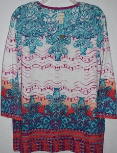 Chicos 3/XL Top Scroll Print 3/4 Sleeve V-Neck Tunic Multicolor Cotton/Modal New - Picture 1 of 22
