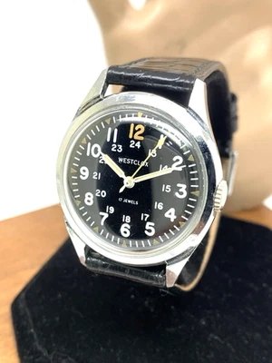 Reloj para hombre Westclox militar vintage mecánico esfera negra correa de cuero 34 mm Foto 1 de 4
