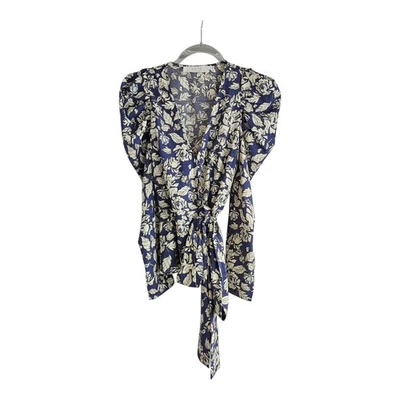 ASTR the Label Blue Floral Puff Sleeve Wrap Blouse V-Neck Size Small - Image 1 of 4