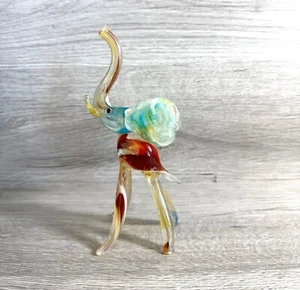 Handblown Glass Elephant Figurine With Multicolor Details & Aqua Blue Ears 6.5" - Picture 1 of 7