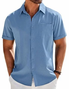 Mens Dress Shirts Short Sleeve Button Down Beach Summer Wedding Blue - Picture 1 of 6