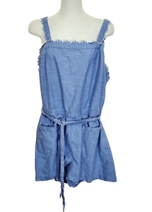 LOFT Beach Shorts Romper Large Chambray Blue Scalloped Edge Pockets Tie Belt - Picture 1 of 11
