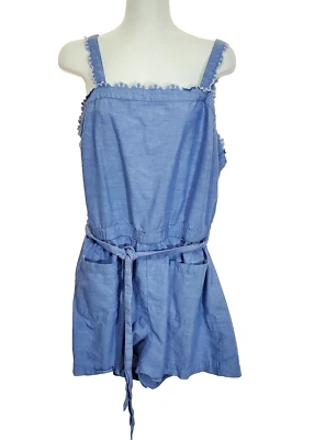LOFT Beach Shorts Romper Large Chambray Blue Scalloped Edge Pockets Tie Belt - Image 1 of 4