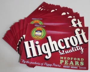 25 etiquetas originales de caja de pera HIGHCROFT Piggy Packers Medford Oregon - al por mayor - Imagen 1 de 2