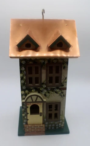 Vintage Charming Hand Painted Hanging Bird Box w. Copper Roof-Decorative Purpose Cover