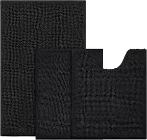 3-Piece Black Chenille Bathroom Rugs Set - Non-Slip, Absorbent, Washable - Picture 1 of 7