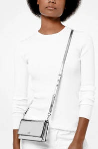 MICHAEL KORS Crackled Silver Metallic Leather Convertible Crossbody Bag RRP £145 - Picture 1 of 5