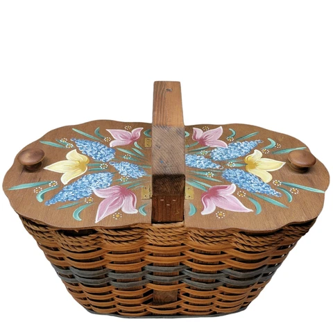 Woven Basket Wooden Handle w/Double Hinged Hand Painted Lid. 10.5"x 17" x 9" Cover