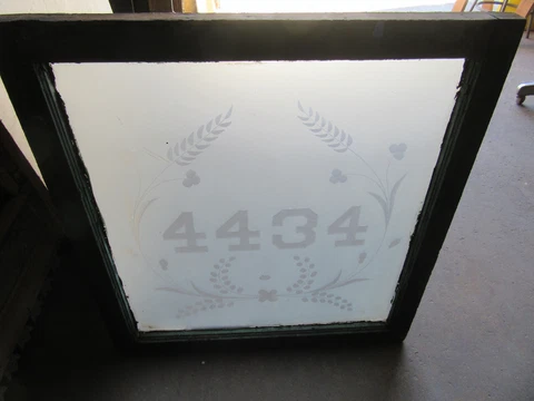 ~ ANTIQUE ETCHED GLASS TRANSOM WINDOW ADDRESS 4434 ~ 32 X 34 ~ SALVAGE Cover