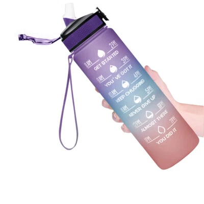 Botella de agua motivacional 32 oz con marcador de tiempo y pajita boca ancha a prueba de fugas Foto 1 de 4