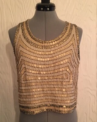 Francesca's Quinn Beige Beaded Polyester Top Size Small Sleeveless Chiffon - Image 1 of 4