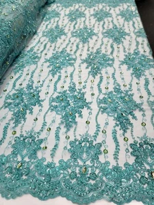 Aqua Mint Beaded Lace Floral Rhinestones Fabric By The Yard Bridal Prom Gown - Picture 1 of 11