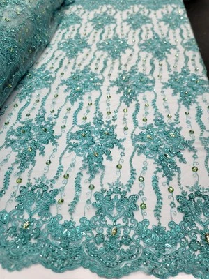Aqua Mint Beaded Lace Floral Rhinestones Fabric By The Yard Bridal Prom Gown  - Image 1 of 4