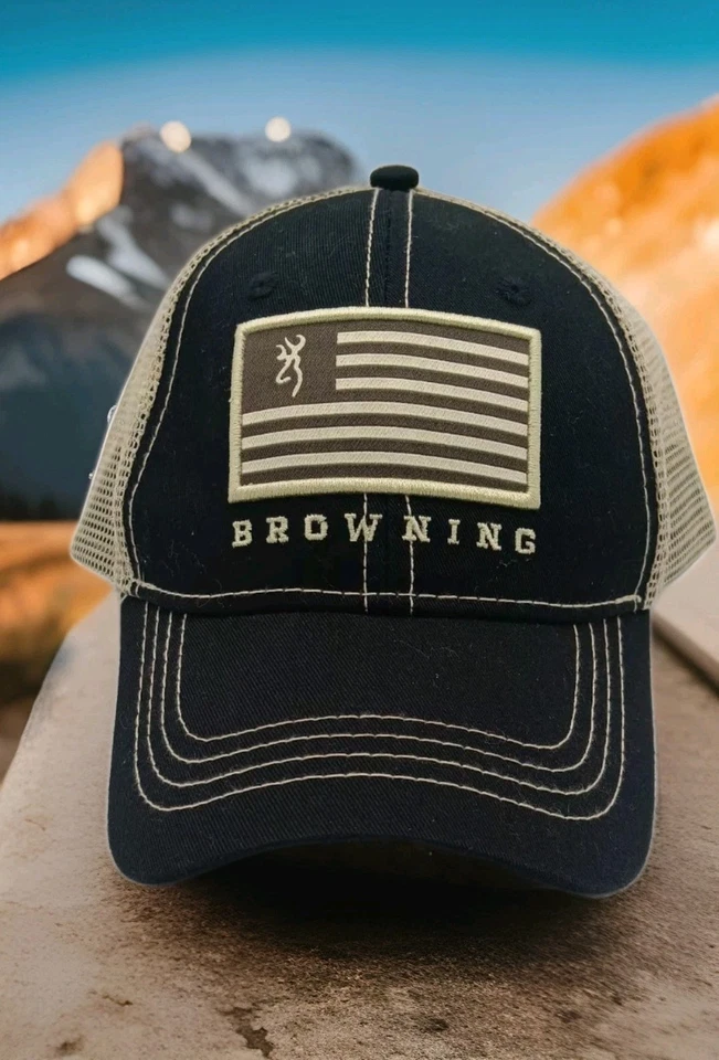 NUEVO BROWNING PATRIOT MALLA ESPALDA SNAPBACK SOMBRERO GORRA DE BOLA LOGOTIPO BUCKMARK NEGRO BRONCEADO Foto 1 de 4