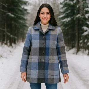Avoca The Mill Irish Wool Blue Checkered Plaid Long Winter Coat 3 Cottagecore - Picture 1 of 12