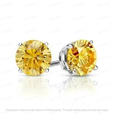 2.00 Ct Lab Created Yellow Diamond 14K White Gold Plated Solitaire Stud Earrings - Image 1 of 2