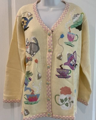 NEW -Storybook Knits Cardigan Sweater Size Large Kitten & Tea cups Grandma Gift - Image 1 of 4