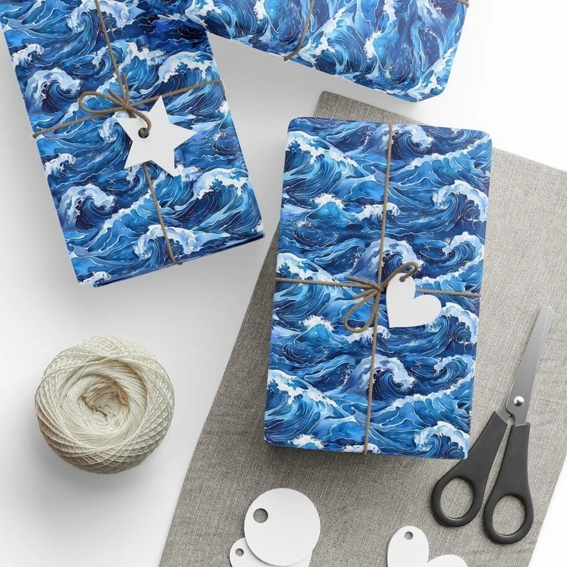 Papel de envolver acuarela azul ondulado, envoltura de regalo tema océano náutico japonés Foto 1 de 4