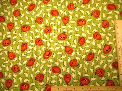 Halloween Quilt Fabric Short Yard Ghosts Smiling Pumpkins on Green Cotton Vtg - Image 1 of 2