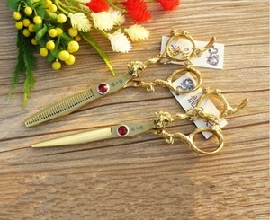 Set 6"Parrucchiere professionali taglio forbici diradamento cesoie barbiere oro - Foto 1 di 5